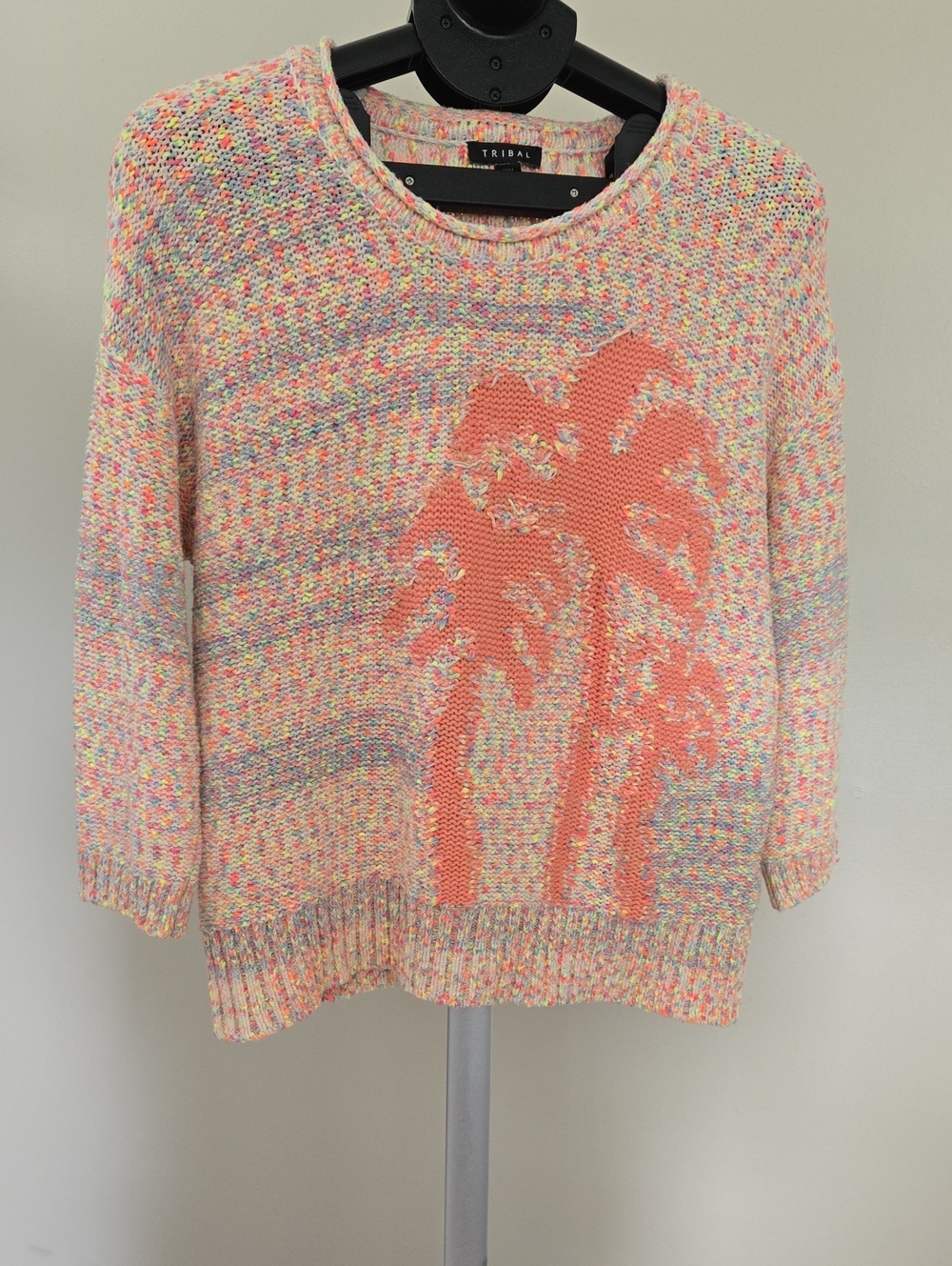 Tribal Multicolor Knit Crewneck Sweater with Coral Palm Motif